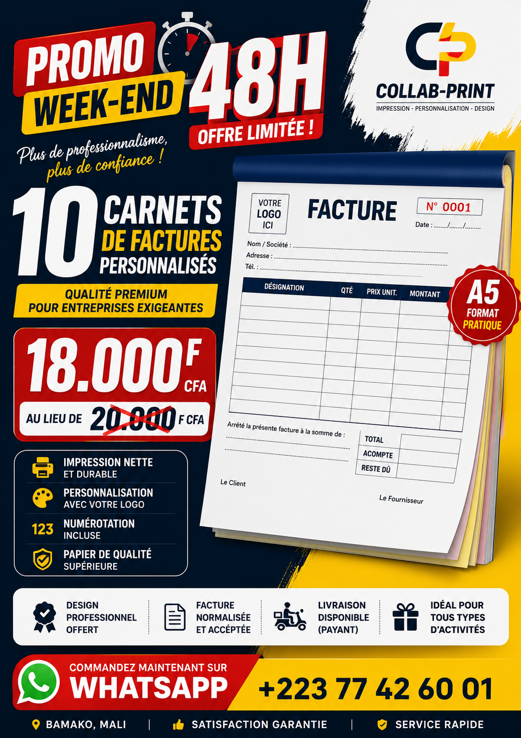 Lot de 10 carnets de factures personnalisés format A5