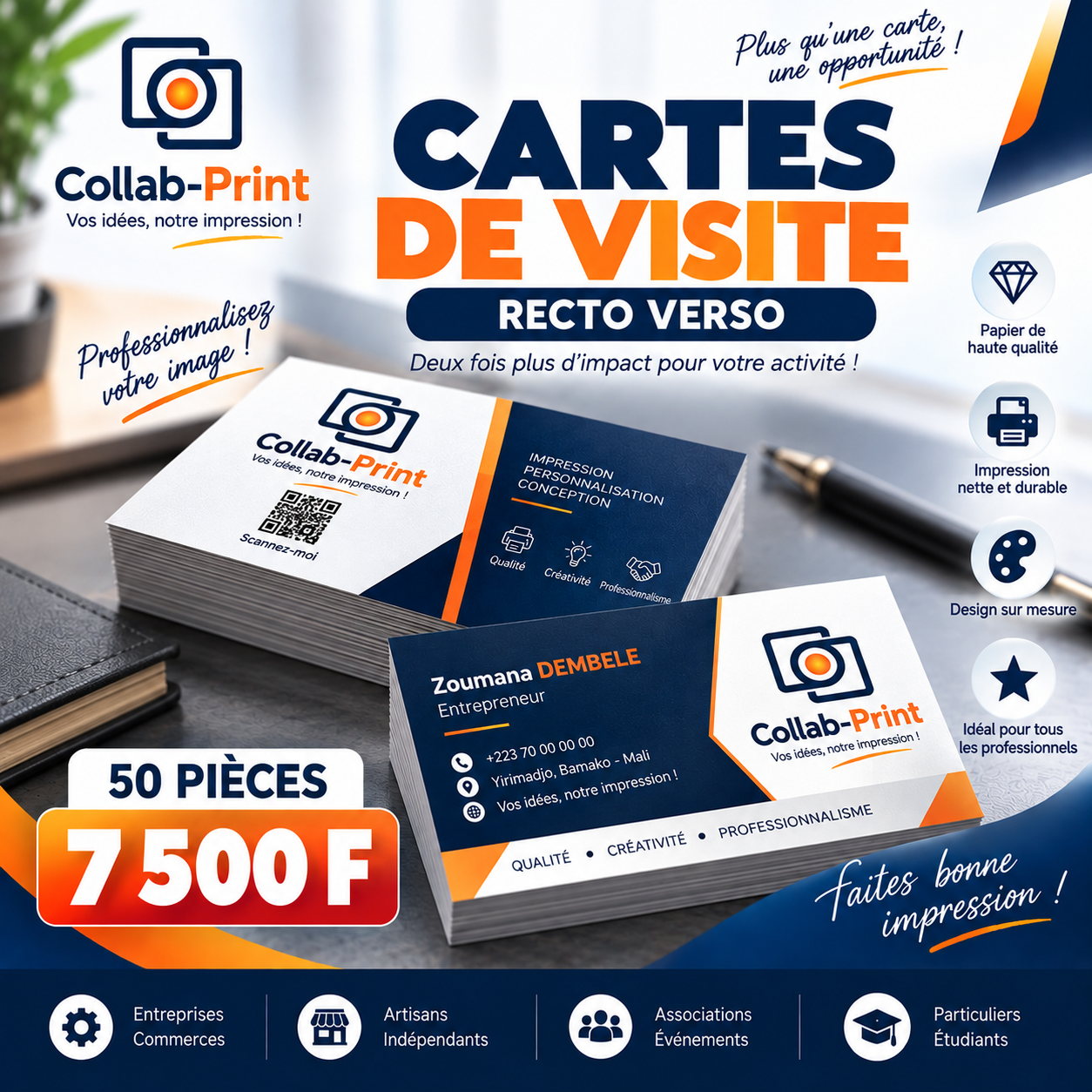 Cartes de visite recto verso 50 pièces