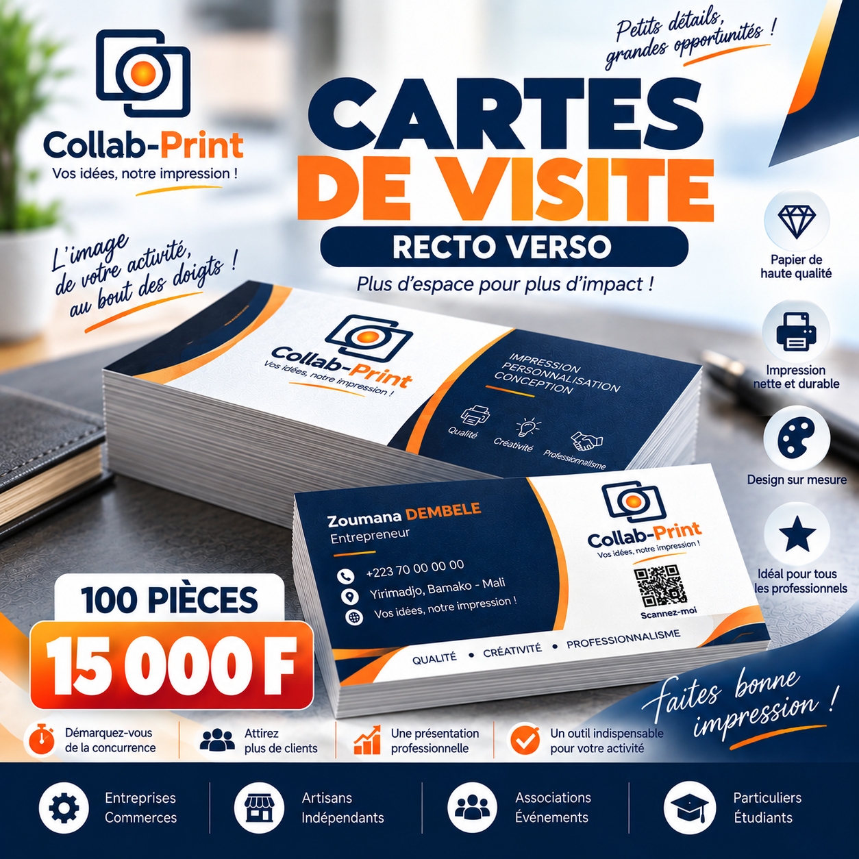 Cartes de visite recto verso 100 pièces