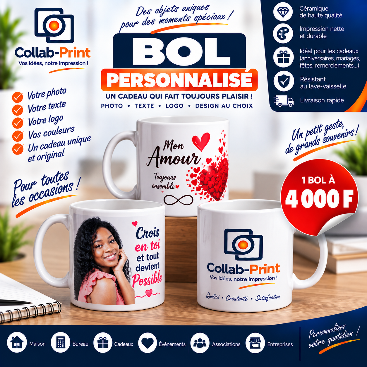 Bol personnalisé avec photo, texte ou logo au choix