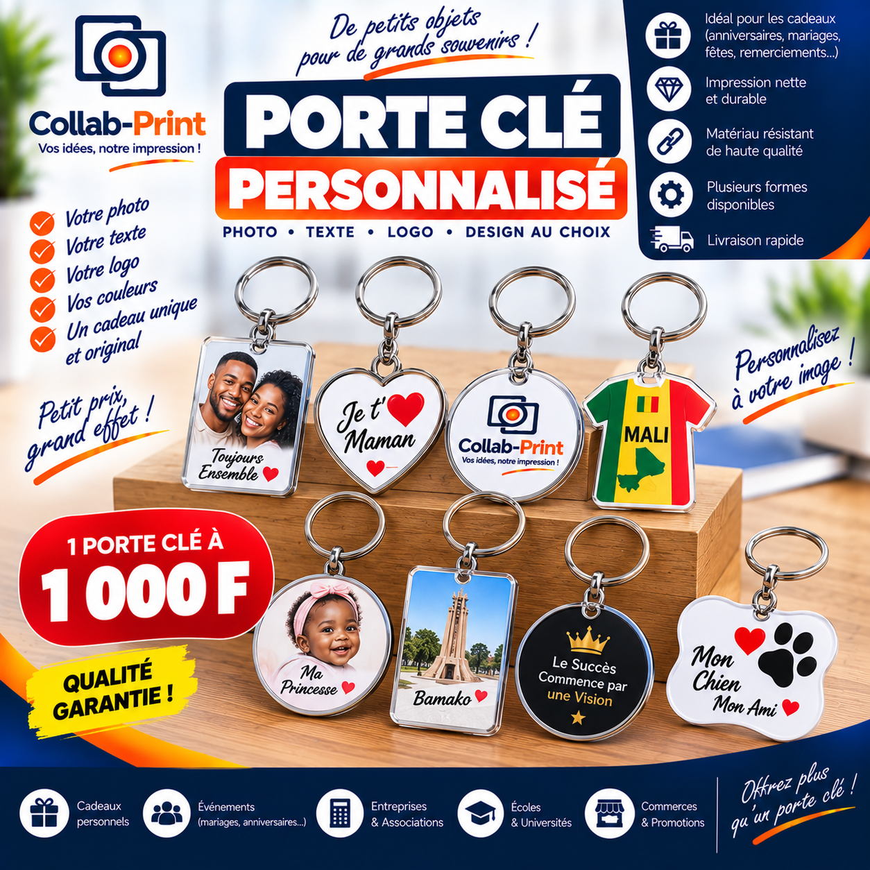 Porte-clés personnalisable photo, texte ou logo au choix