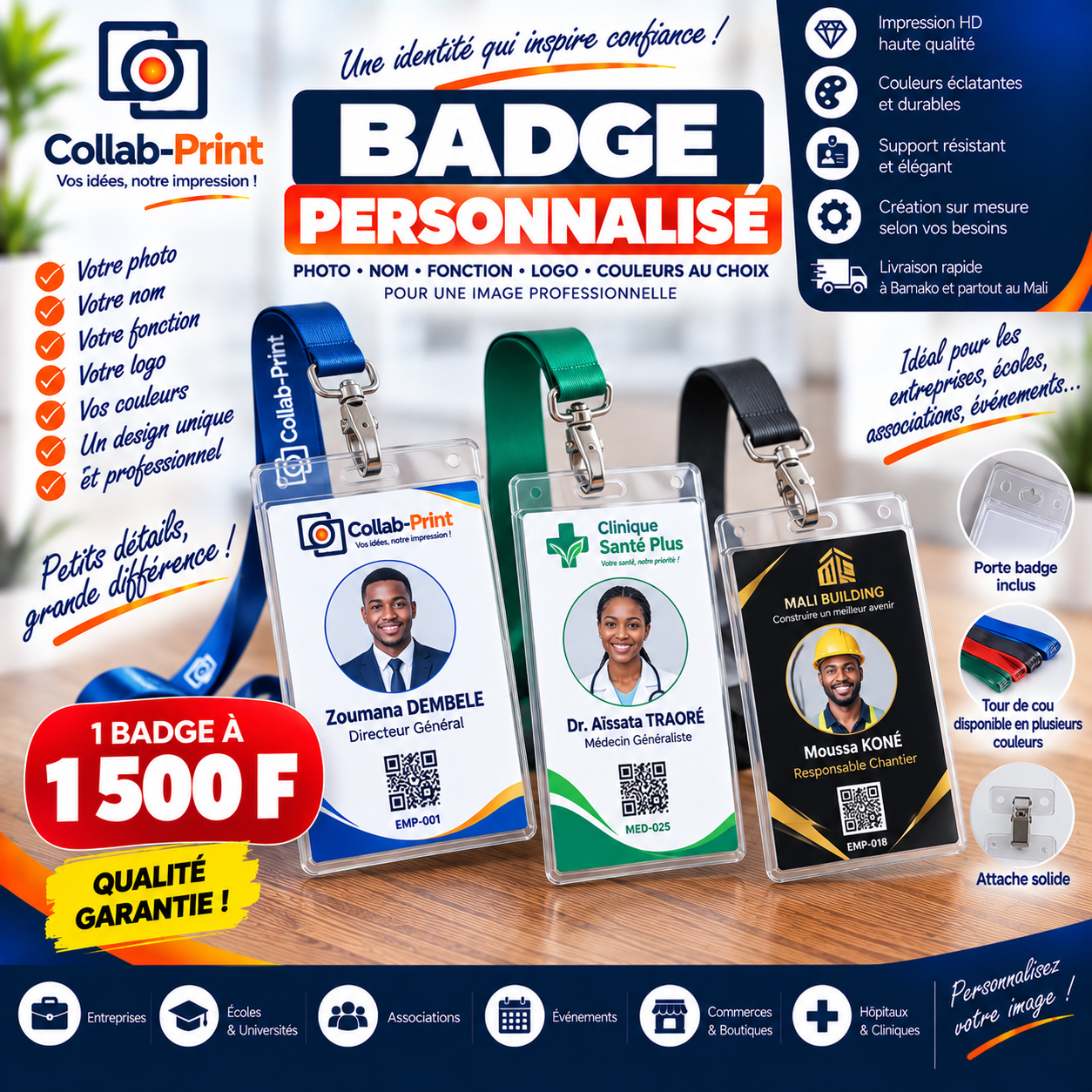Badge personnalisé photo nom fonction logo couleurs