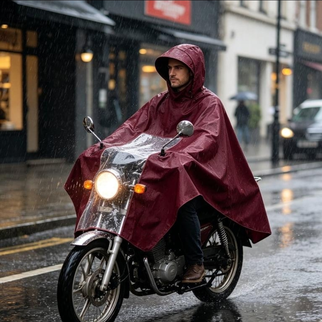 Cape de pluie imperméable pour moto et scooter avec capuche bordeaux